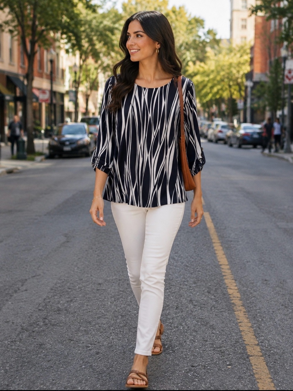 august silk Navy and White Wave-Print Blouse